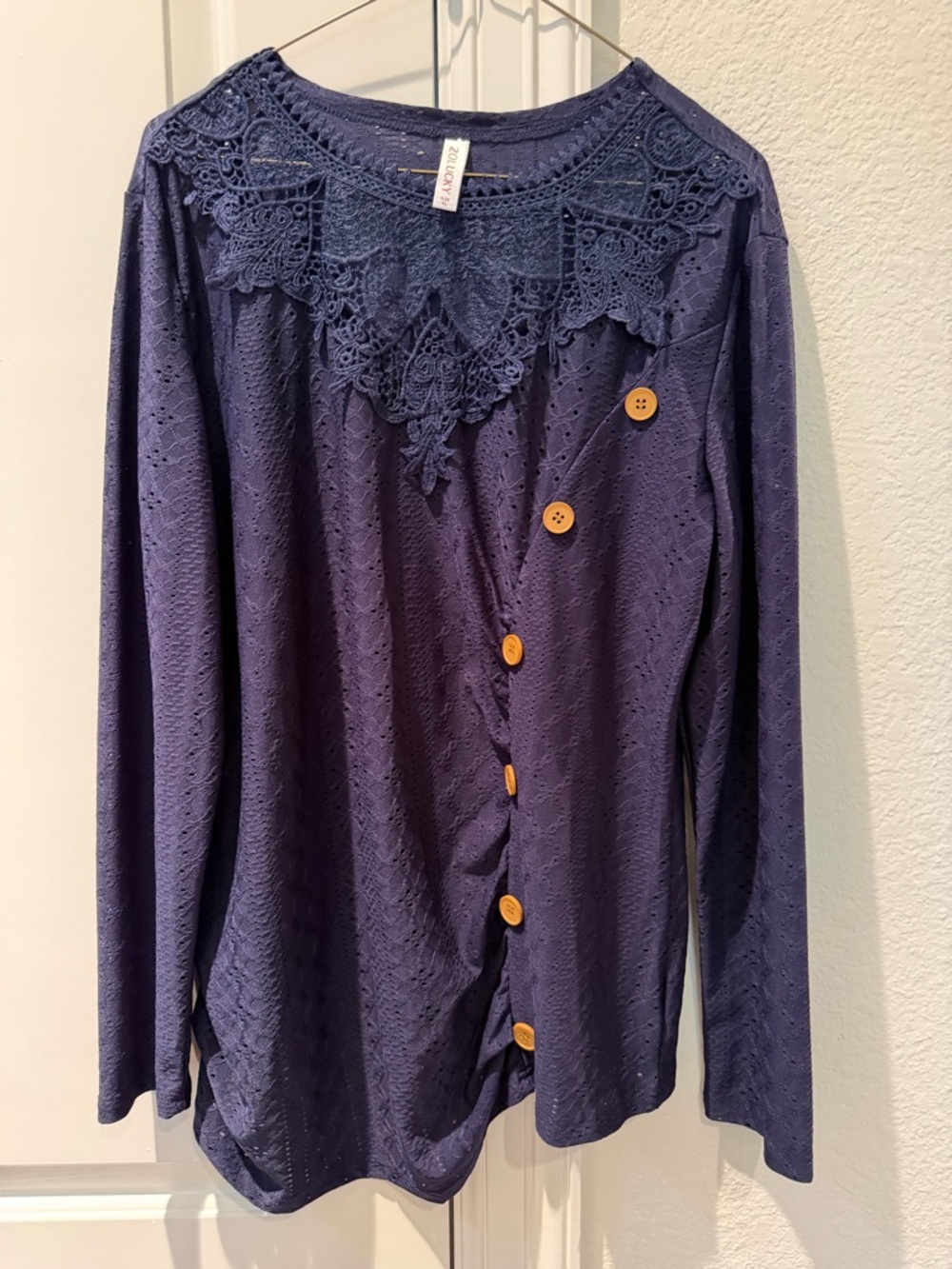 Navy Lace Yoke Long Sleeve Top with Wooden Buttons